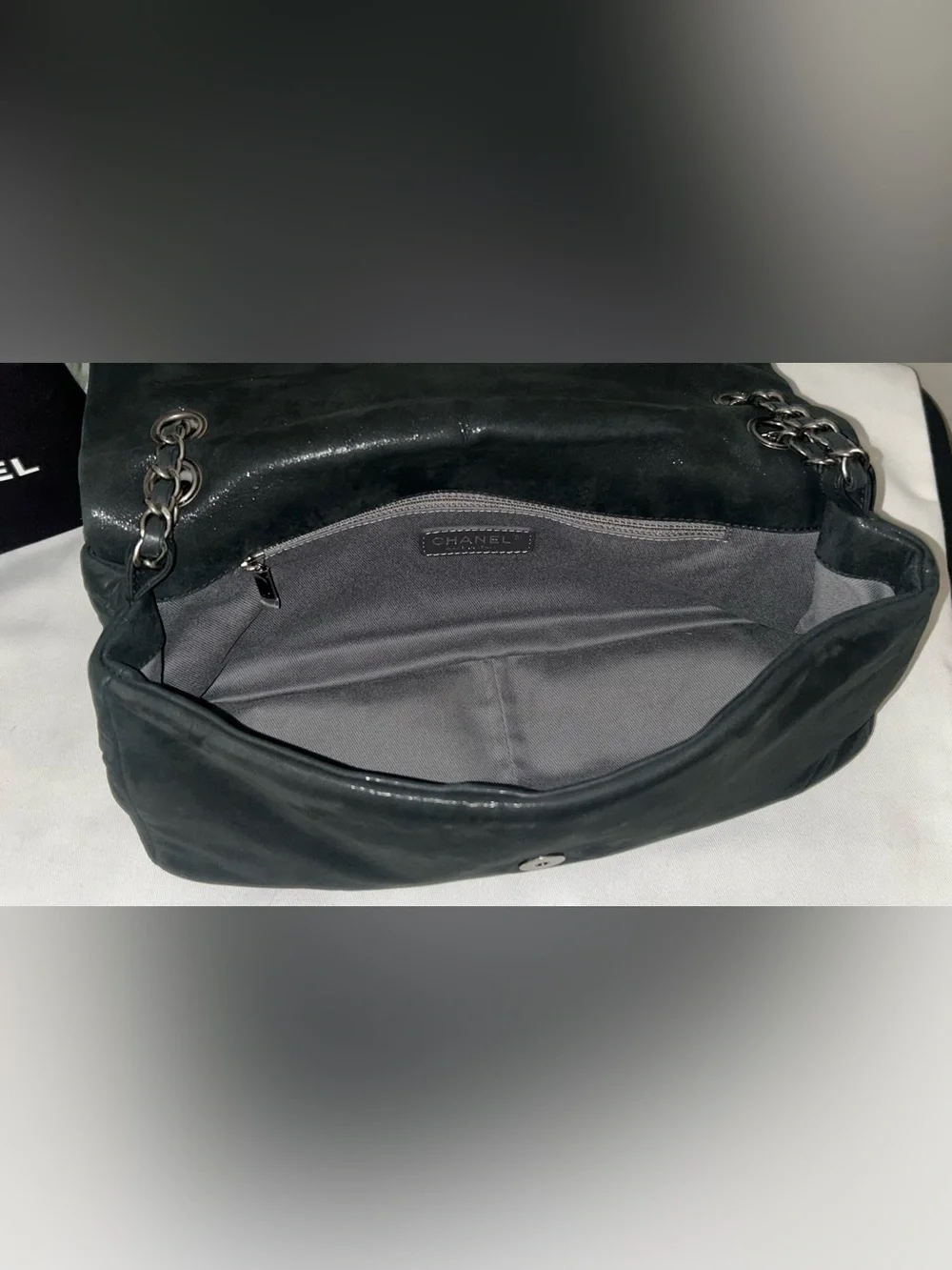 CHANEL Iridescent Calfskin Glint Large Flap Bag Charcoal Dark Grey